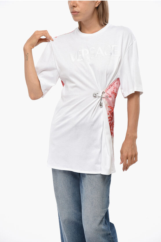 Versace Back Printed Cotton Crew-neck T-shirt With Pin In White