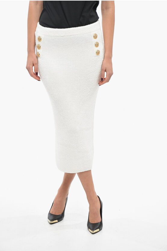 Balmain Back Zipped Knitted Longuette With Jewel Buttons In White