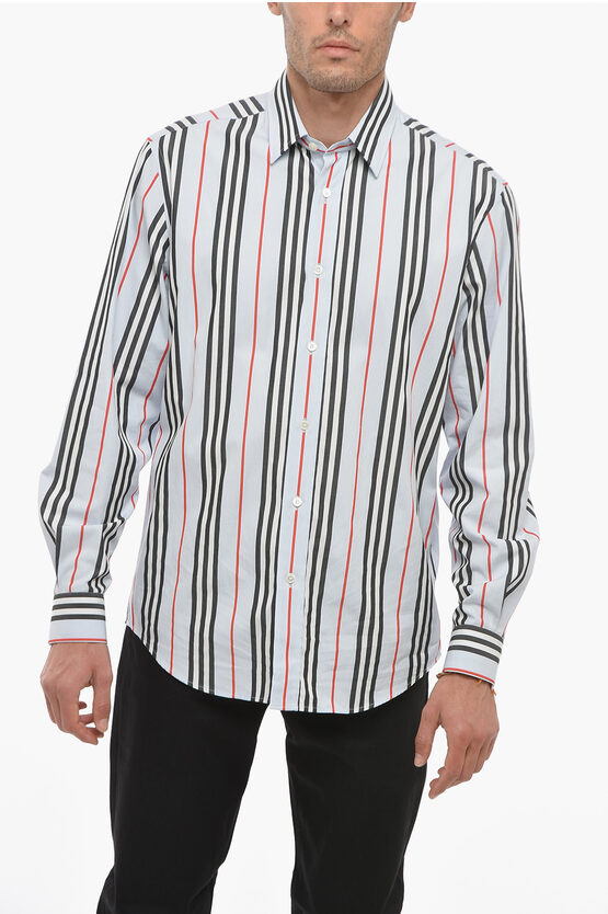 Burberry Balanced Stripe Cotton Shirt With Standard Collar In Grey