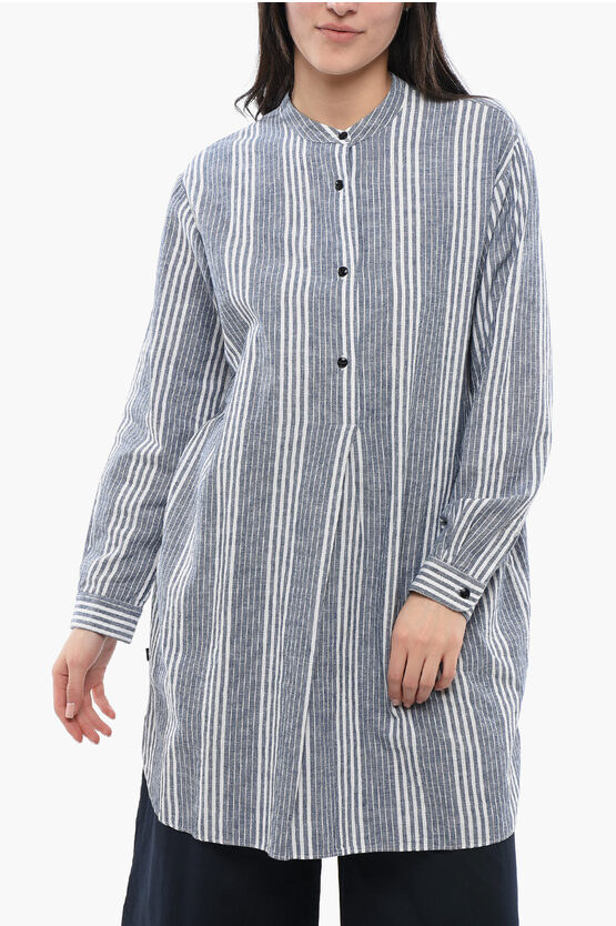 Woolrich Balanced Stripe Organic Cotton Shirt With Mandarin Collar