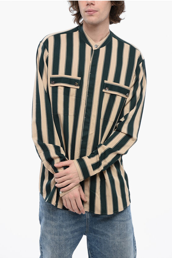 Balmain Balanced Stripe Viscose Blend Shirt With Mandarin Collar