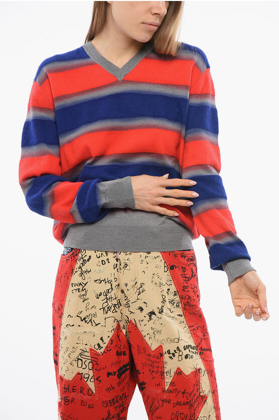Dsquared2 Balanced Stripe Wool Blend Sweater With V Neck