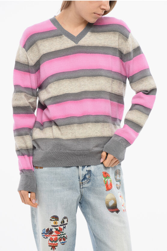Dsquared2 Balanced Stripe Wool Blend Sweater With V Neck