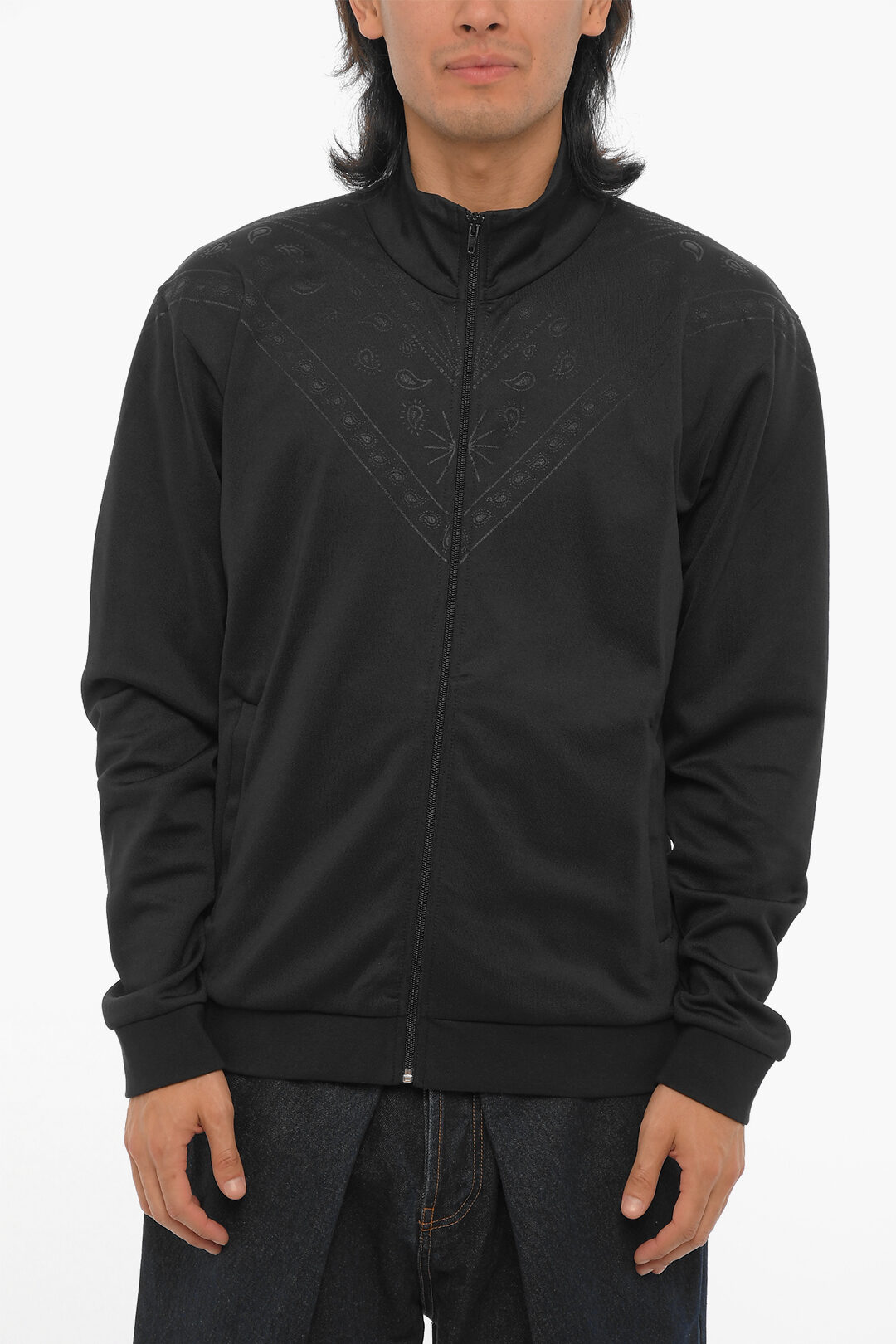 Bandana Motif Solid Color Sweatshirt with Zip Closure