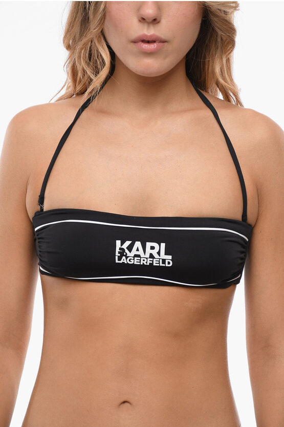 Karl Lagerfeld Bandeau Bikini Top With Printed Contrasting Details In Black