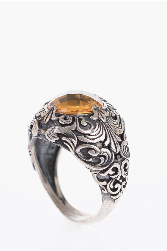 Quinto Ego Baroque Motif Silver Ring With Central Stone In Metallic
