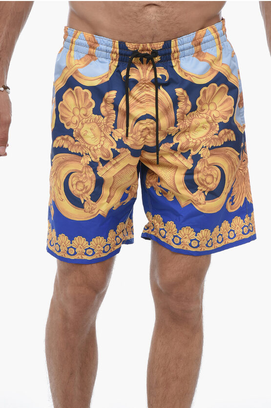 Shop Versace Baroque Printed Swim Shorts