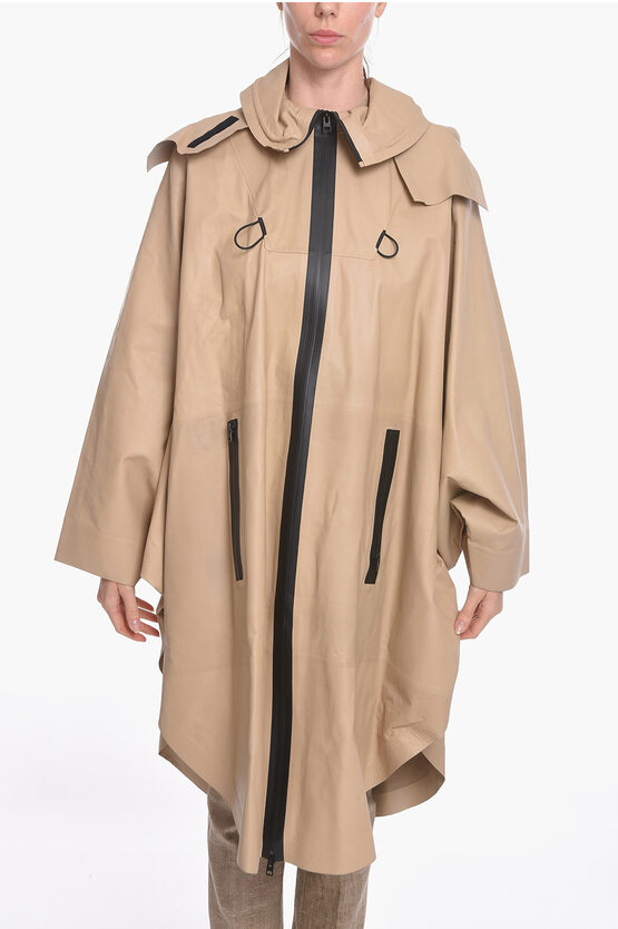 Bottega Veneta Bat-wing Sleevd Leather Raincoat In Brown