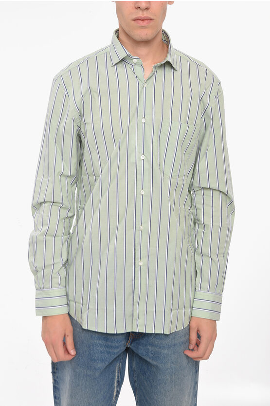 Aspesi Bayadere Striped Cotton Shirt With Breast-pocket In Green
