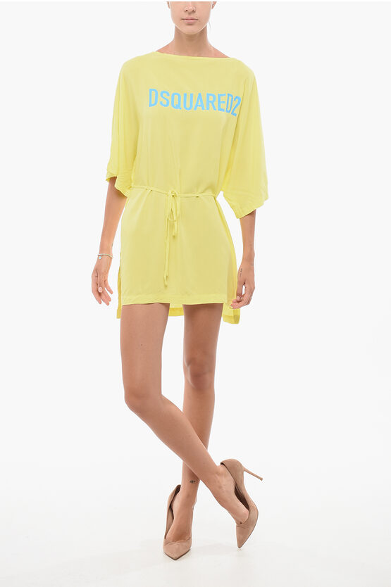 Dsquared2 Beachwear Printed Belted Beach Dress In Yellow