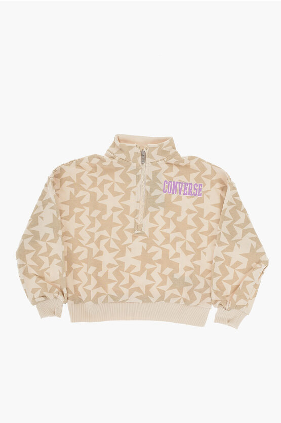 Bedrucktes Sweatshirt aus angerauter Baumwolle mit halbem Reißverschluss