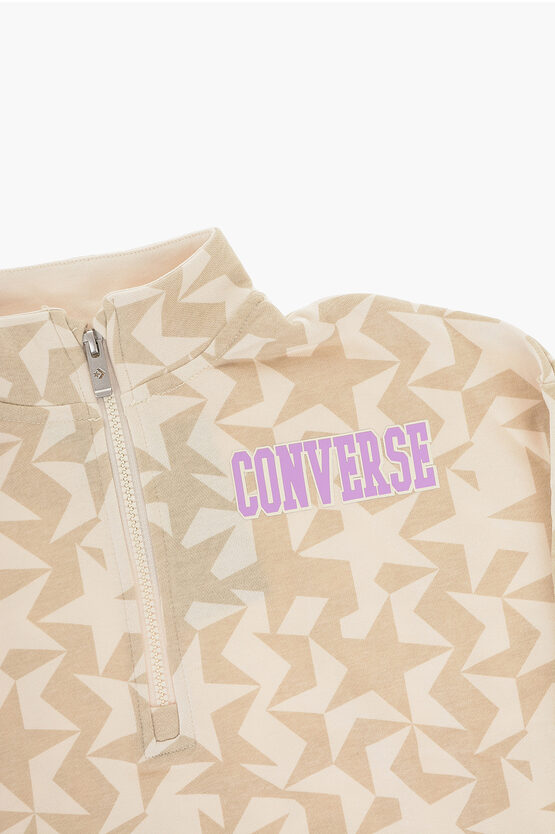 Bedrucktes Sweatshirt aus angerauter Baumwolle mit halbem Reißverschluss