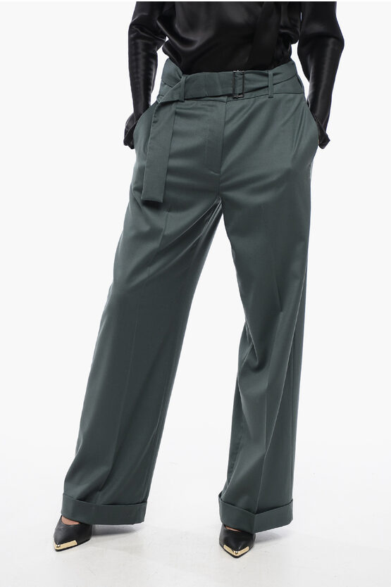 Fabiana Filippi Belt Detailed Wide-leg Pants With Cuffed Hem In Green