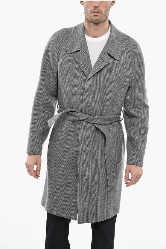 Corneliani Belted Cashmere Halflined Tweed Coat In Metallic
