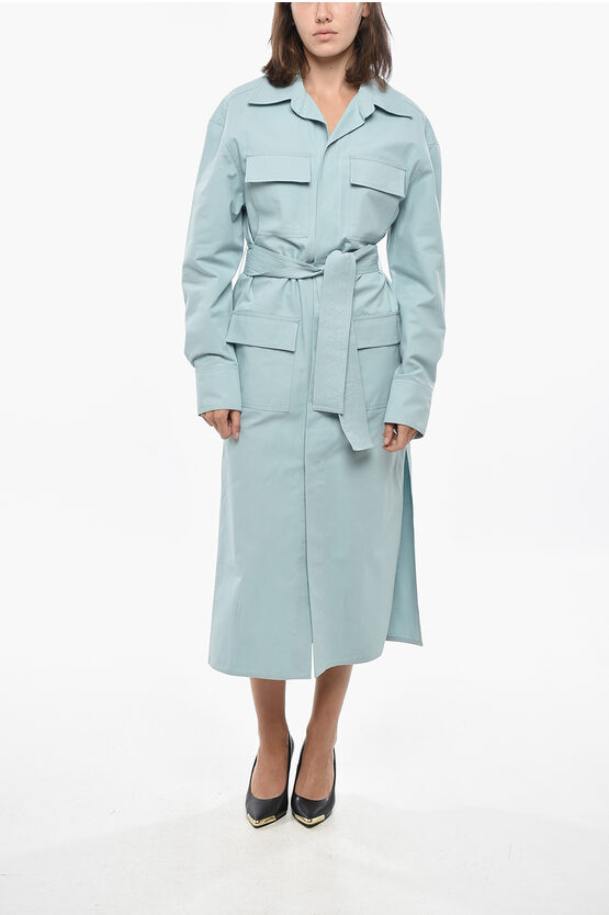 Super Blond Belted Cotton Shirt Dress With Utility Pockets In Blue