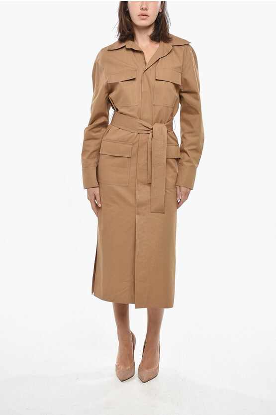 Super Blond Belted Cotton Shirt Dress With Utility Pockets In Brown