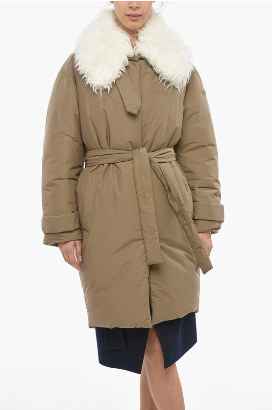 Stella Mccartney Belted Padded Parka With Removable Faux-fur Collar In Brown