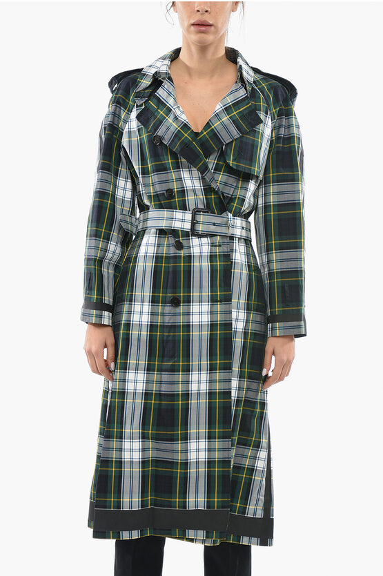 Burberry Belted Tartan Print Cotton Double Breasted Trench Coat In Green