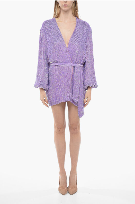Retroféte Belted Wrap Dress With Sequines All-over In Purple
