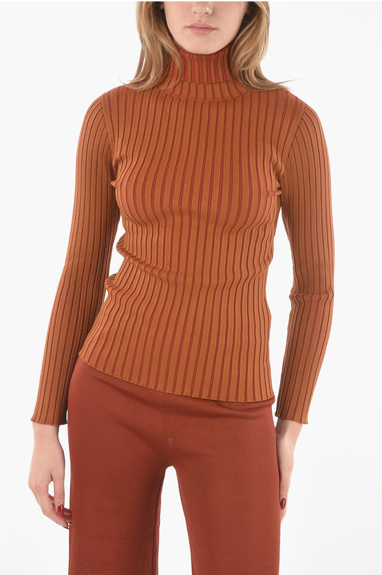 Drome Bi-colour Ribbed Stretchy Jersey Jumper With Turtleneck In Brown