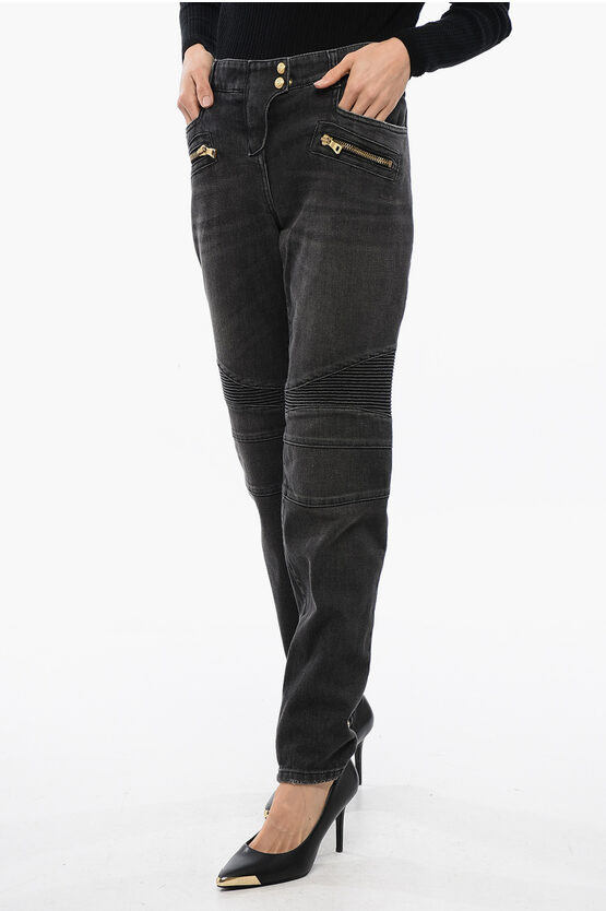 Shop Balmain Biker Denims With Zipped Detailing