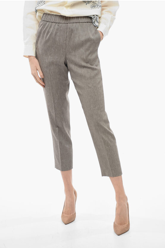 Peserico Bird's Eye Flax Blend Pants With Elastic Waistband In Gray