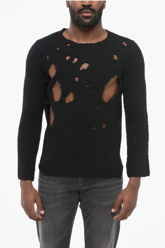 Comme Des Garçons Black Crew Neck Distressed Wool Pullover