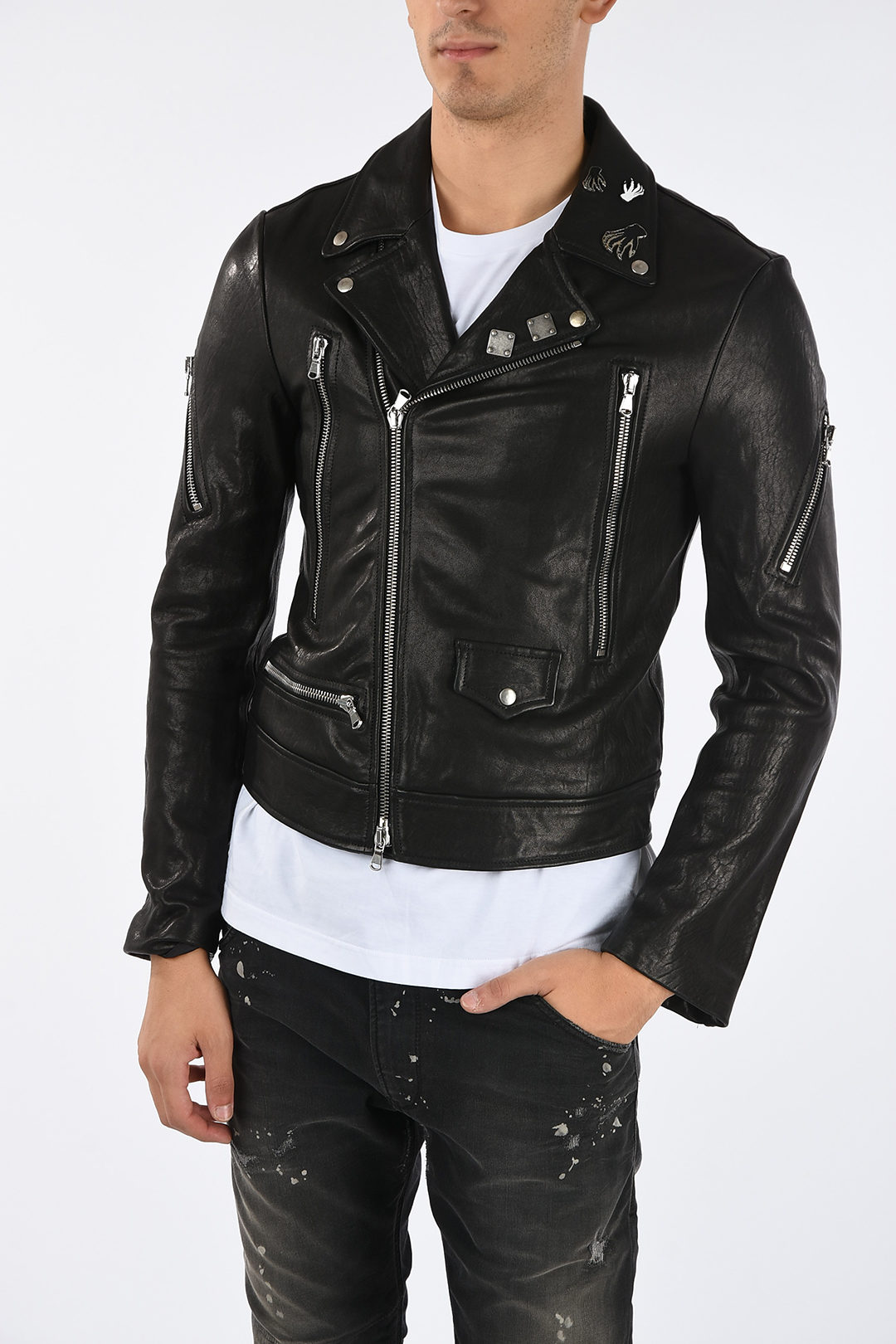 diesel black gold leather jacket mens