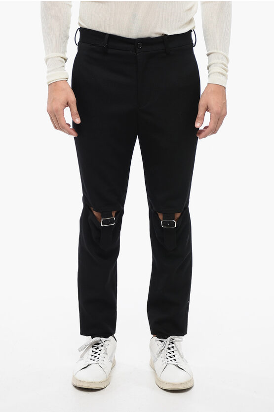 Shop Comme Des Garçons Black Wool Chinos Pants With Cut-out And Buckles