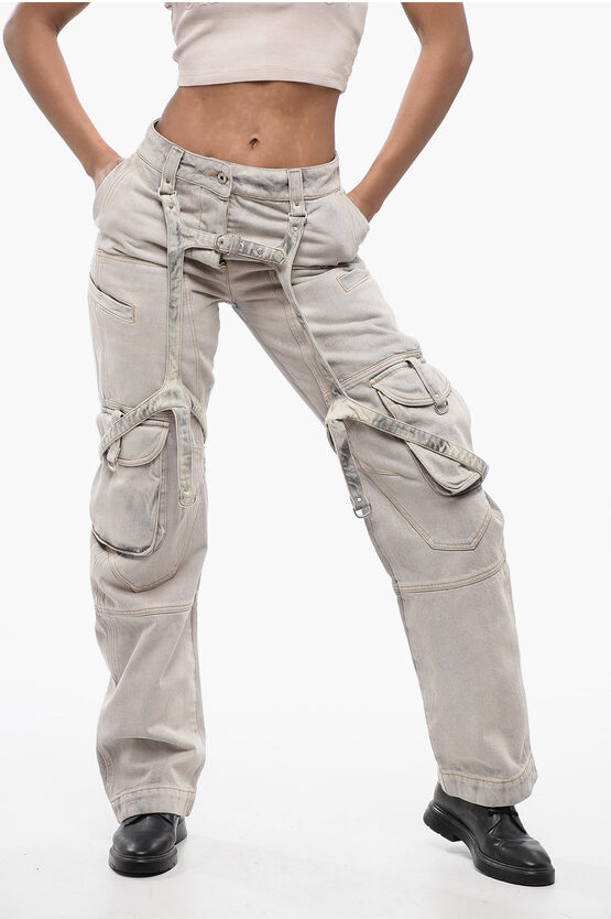 Off-white Bleached Effect Baggy Fit Cargo Pants With Harness-style Det