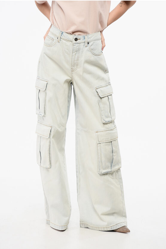 Self-portrait Bleached Effect Cargo Jeans With Visible Stitching