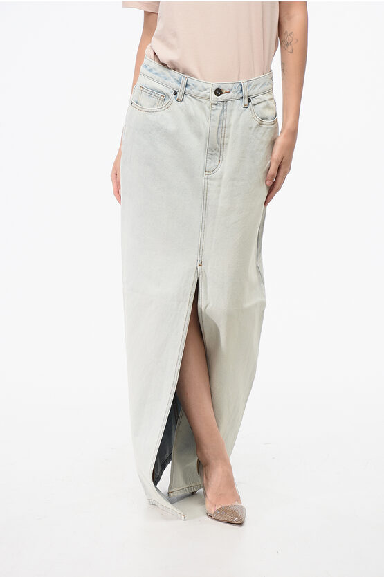 Self-portrait Bleached Effect Denim Maxi Skirt With Frontal Split