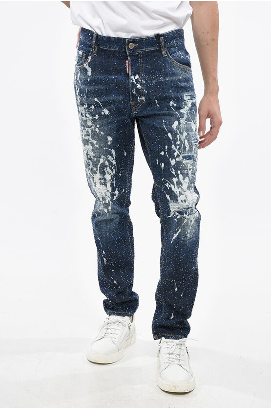 Dsquared2 Bleached Effect Skater Jeans With All-over Rhinestones 17cm In Blue