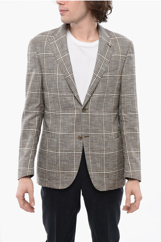 Corneliani Blended Linen Blazer With Check Motif In Gray