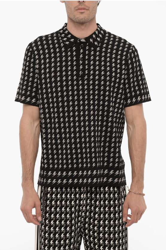 Shop Neil Barrett Blouson Fit Polo Shirt With All-over Thunderbolt Embroiderie