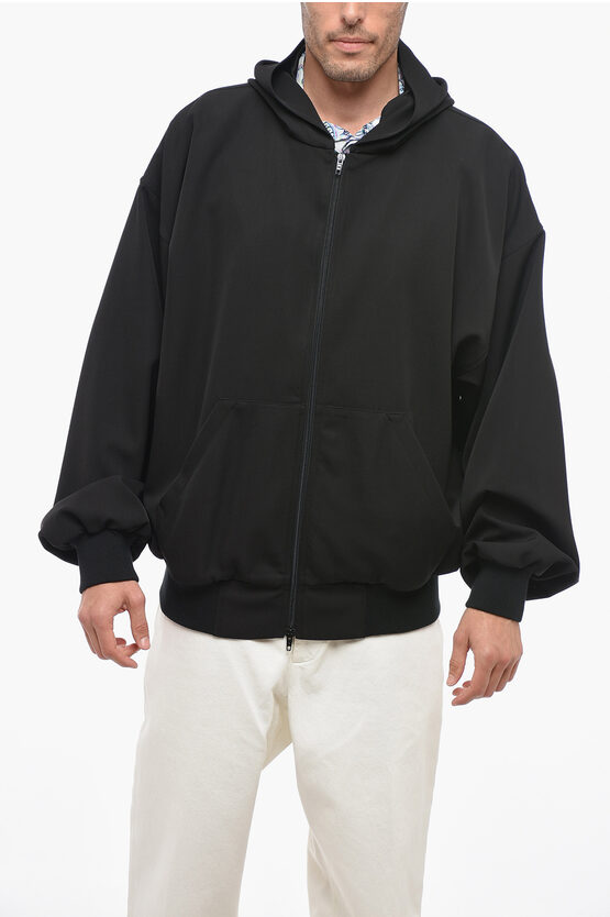 Balenciaga Bomber Fit Wool Hoodie With Front Zip In Black