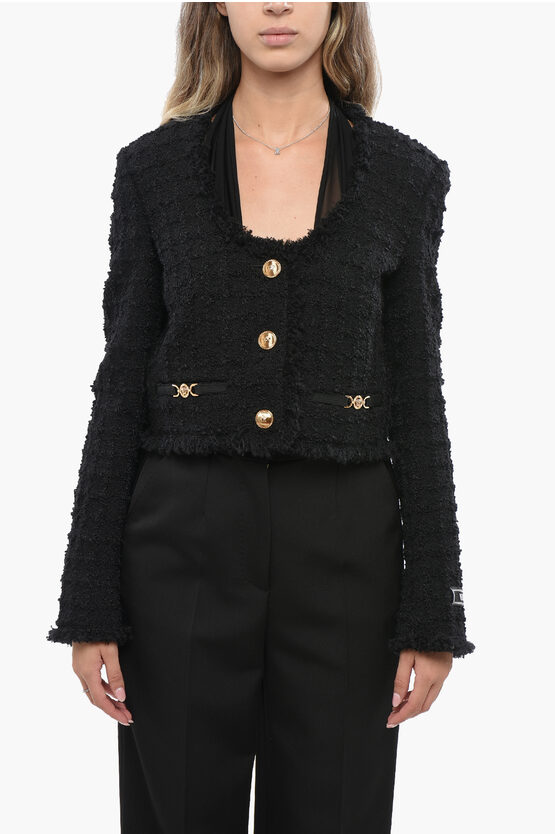 Versace Boucle' Cropped Fabric With Golden-effect Logoed Buttons In Black