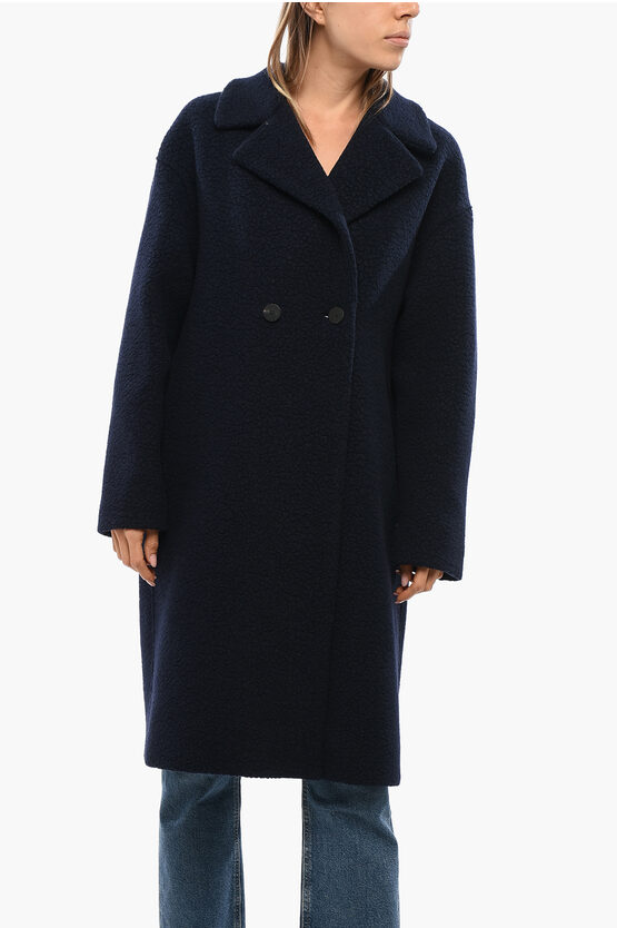 Harris Wharf Boucle' Fabric Double Breasted Coat In Blue