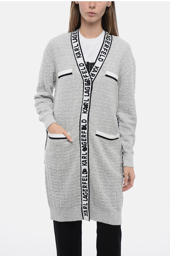 Shop Karl Lagerfeld Boucle' Fabric Feminine Cardigan With Logoed Bands