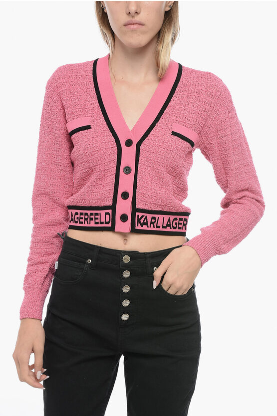 Karl Lagerfeld Bouclè Fabric Cropped Cardigan With Logoed Band In Pink