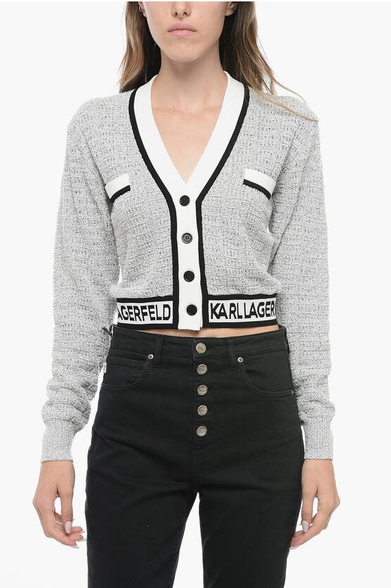 Karl Lagerfeld Bouclè Fabric Cropped Cardigan With Logoed Band