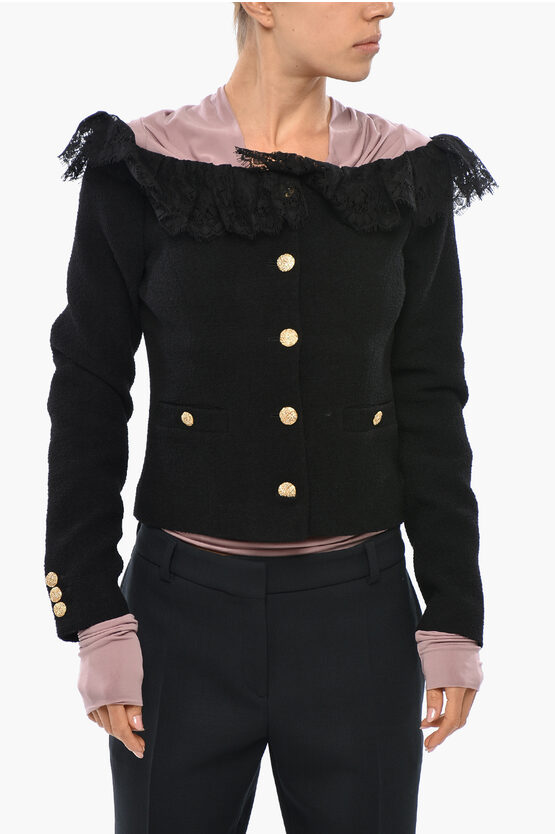 Alessandra Rich Bouclè Tweed Off-shoulder Blazer With Lace Detail In Black