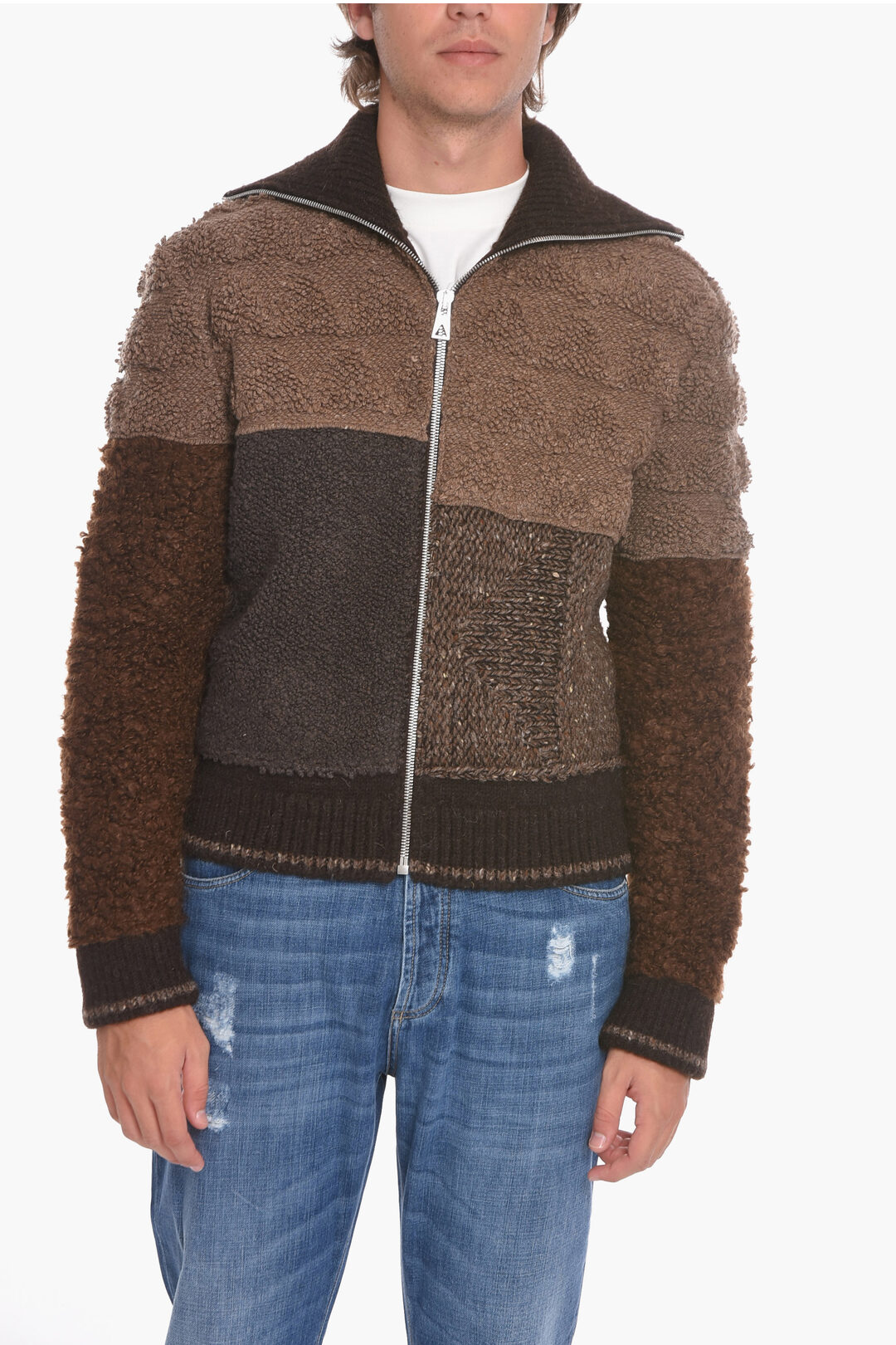 Bottega Veneta Bouclé-wool Zip-up Cardigan with Patchwork Motif