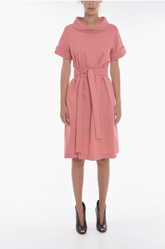 Moschino Boutique Wool Blend Short-sleeved Dress With Self-tie Detail In Pink