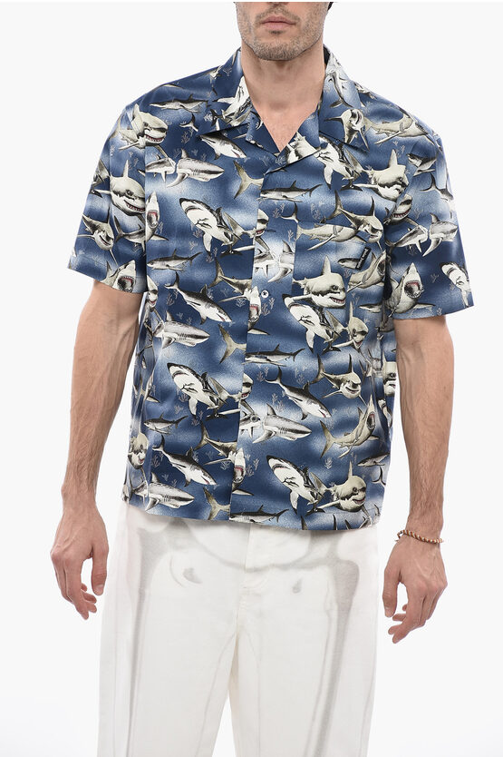 Palm Angels Bowling Shirt With Sharks Print In Blue