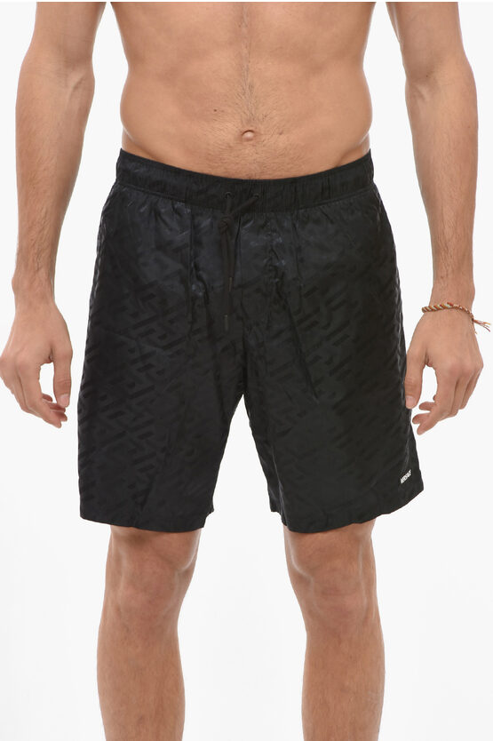 Versace Boxer Swisuit With Allover Print In Black