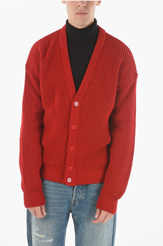 Gcds Braided Cable-knit Cardigan With Embroidered Logo In Red