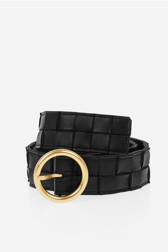 Bottega Veneta Braided Leather Belt With Golden Buckle 35mm In Black