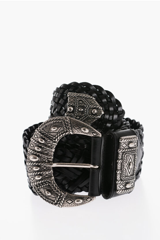 Etro Braided Leather Maxi Belt With Engraved 60mm In Metallic