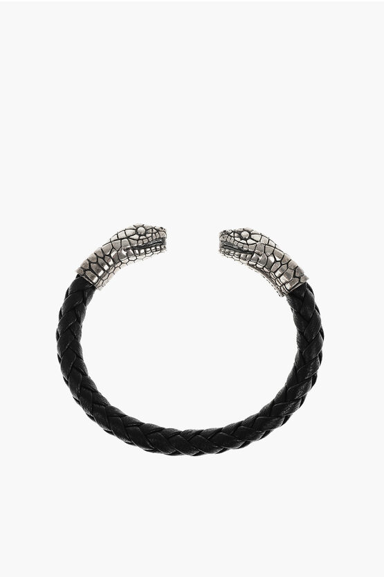 NOVE25 BRAIDED LEATHER OPEN BANGLE BRACELET WITH DOUBLE SNAKE HEAD
